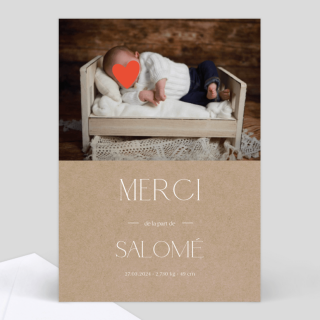 carte remerciement naissance lettrine kraft
