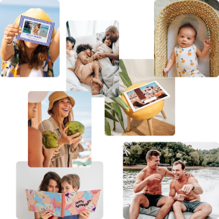 Mosaïque de photos de famille en vacances, enfants souriants, moments de complicité estivale