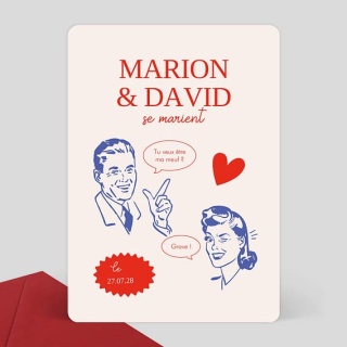 Faire-part mariage style rétro BD avec portraits illustrés, prénoms Marion et David, date 27.07.25