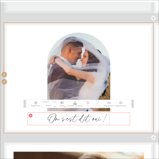 Ajout de texte au studio sous une photo de couple sur une page d’album en cours d’édition