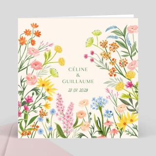 Faire-part mariage fleuri avec illustration colorée, prénoms Céline et Guillaume, date 27 07 2029