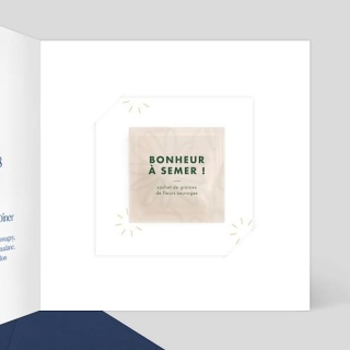 Sachet de graines avec texte Bonheur à semer sur fond blanc décoré de petites fleurs jaunes stylisée