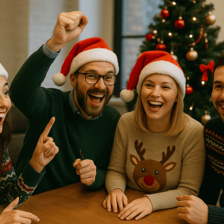 Groupe d’adultes souriants avec bonnets de Noël, sapin décoré en arrière-plan
