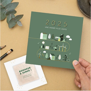 Carte de vœux 2026 écoresponsable avec sachet de graines bonheur à semer et illustrations vertes