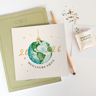 carte de vœux entreprise monde suspendu avec graines