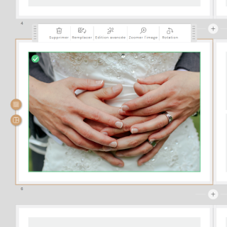 Ajout de photo dans le studio, gros plan de mains sur robe de mariée