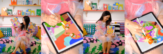 Création d’illustrations colorées sur tablette et présentation de cartes par l'artiste assise
