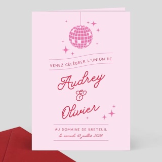 Faire-part mariage rose avec boule à facettes, prénoms Audrey et Olivier, ambiance festive années 80