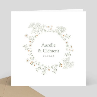 Faire-part mariage blanc avec couronne florale fine, prénoms Aurélie et Clément, date 25.06.28