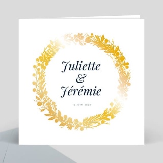 Faire-part mariage blanc avec couronne florale dorée, prénoms Juliette et Jérémie, date 14 juin 2028