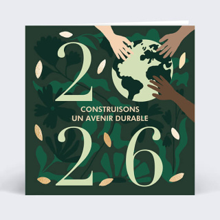 ChatGPT a dit : Carte de vœux 2026 vert foncé, globe entouré de mains, message construire un avenir 