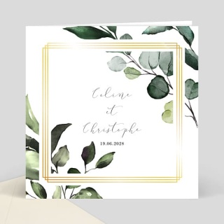 Faire-part mariage végétal avec feuillage aquarelle, cadre doré, prénoms Céline et Christophe, date 