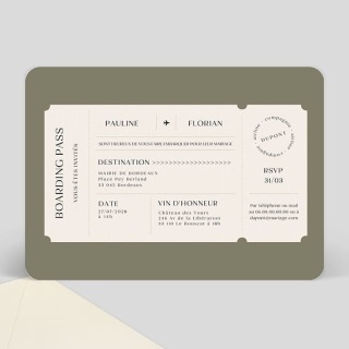 Faire-part mariage format billet d’avion avec prénoms Pauline et Florian et détails de la cérémonie