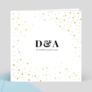 Faire-part mariage blanc avec initiales D et A, confettis dorés et date 10 juin 2028 au centre