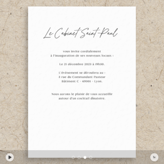 Carte d’invitation inauguration Cabinet Saint Paul, texte noir centré sur fond blanc minimaliste