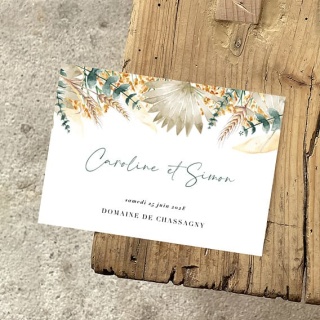 Faire-part mariage fleurs séchées, prénoms Caroline et Simon, mention Domaine de Chassagny