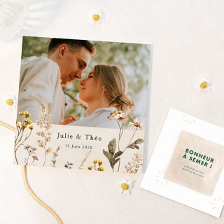 Faire-part mariage photo couple fleurs champêtres avec sachet Bonheur à semer